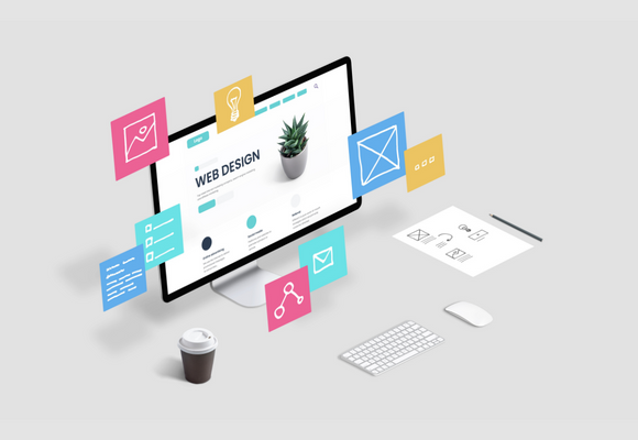 Creative web design studio with flying web page layout elements concept