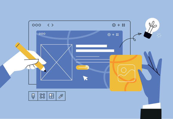two hands designing a website with a blue background