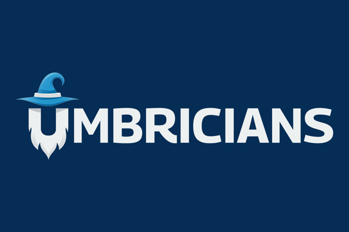 The Umbrician logo with the blue wizard hat and beard forming the letter U.