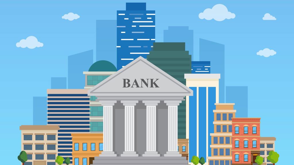 Illustration of a bank in a downtown setting