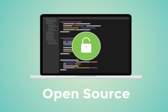 open source code program technology software development with green background