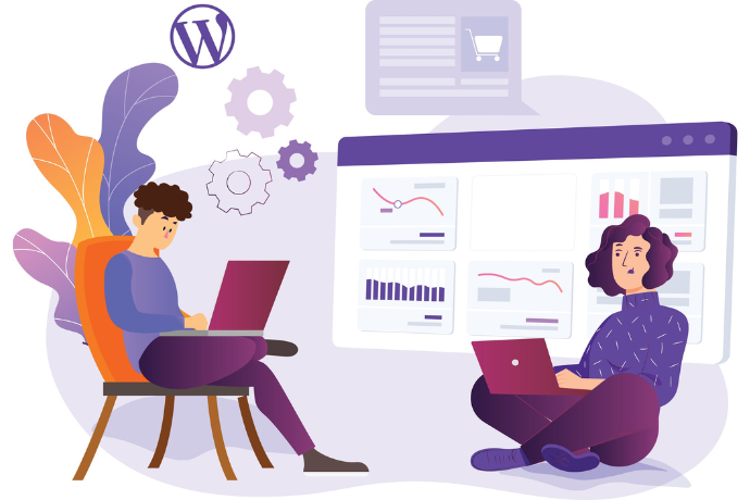 A man and woman sitting with a laptop on a sofa or chair and fixing WordPress issues in web design SEO vector illustration with elements on background