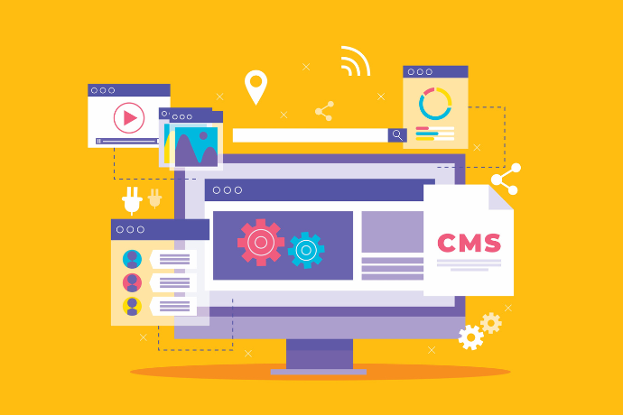 Content management system concept design or CMS concept design. Technology, communication, flat vector illustration.
