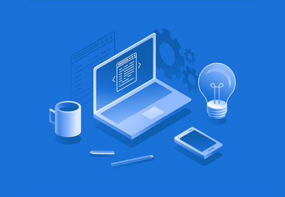 Vector illustration in flat and isometric style - design thinking concept and app development - laptop, light bulb, coffee cup, pencil and mobile phone - new idea development - creative process