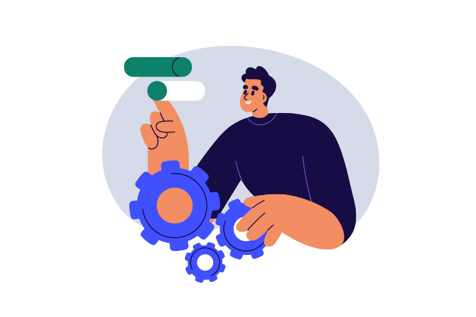 Fixing settings, cogwheels, adjusting sliders. Person changing, developing, modifying, repairing system. 