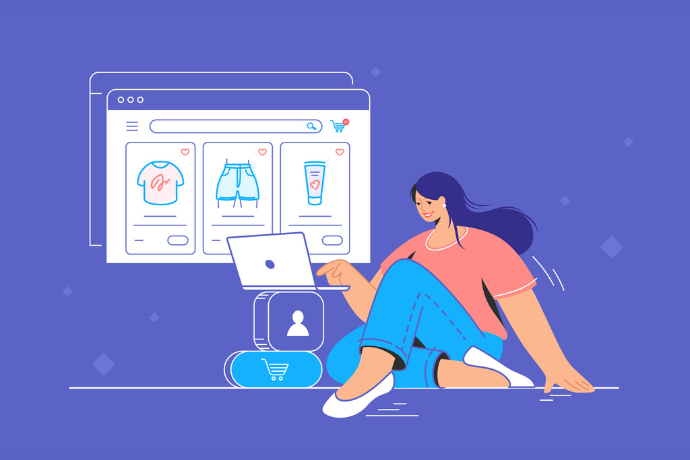 Flat line vector illustration of a woman sitting alone with laptop and shopping online. Website window with goods in a cart on purple background