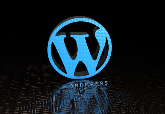 WordPress logo in blue on the black background