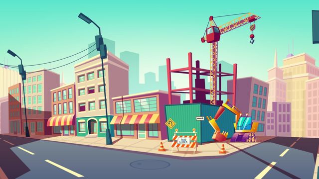 Illustration of a downtown area with building construction in progress
