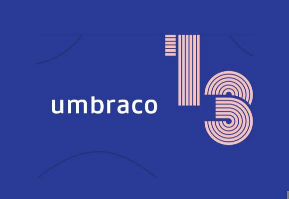 Letters spelling umbraco in white on blue background plus stylized 13 in pink. 