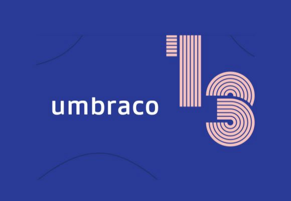 Letters spelling umbraco in white on blue background plus stylized 13 in pink.
