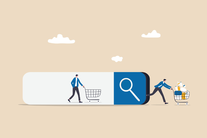 customer queue in search bar and checkout with full of purchased items in shopping cart