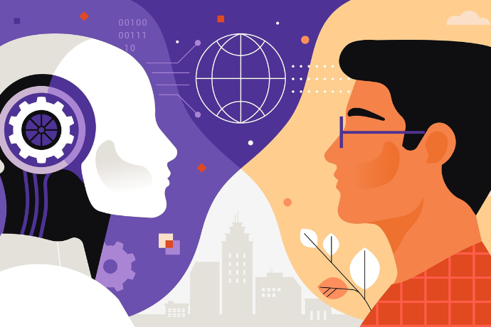 Artificial Intelligence VS Human. Vector illustration in a flat style of the robot and a human heads placed opposite each other on a contrasting background with technical and natural elements