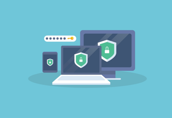 Security software protecting multiple digital devices form cyber attack, Website protected by access, Data privacy - vector illustration with icons